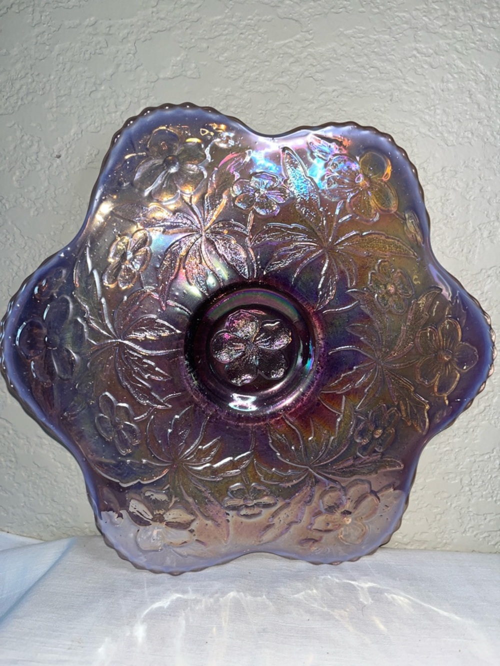Vintage Westmoreland Carnival Glass Footed Platter Signed 1984 Iridescent Floral